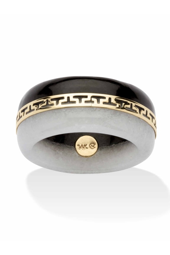 Round Black and White Genuine Jade 14k Yellow Gold "Greek Key" Ring