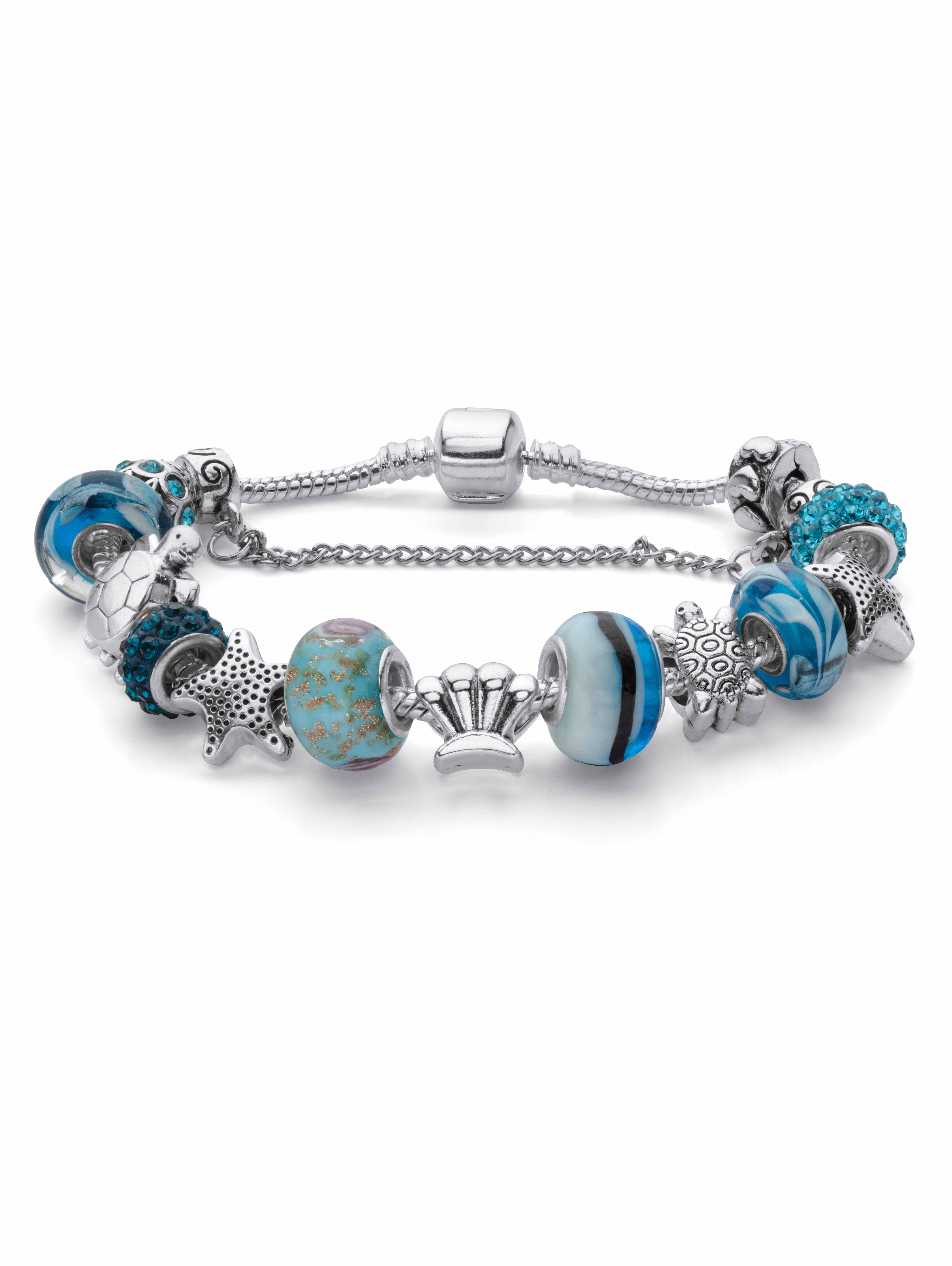 PalmBeach Jewelry Round Blue Crystal "Sea Life" Turtle and Starfish Charm Bracelet Silvertone 8" Length