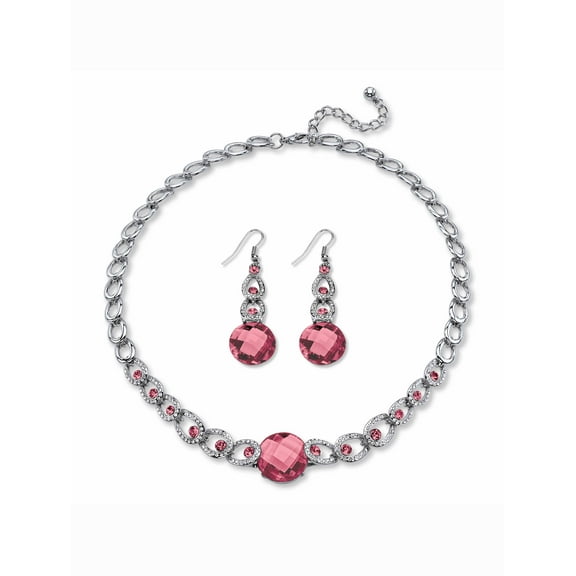 PalmBeach Jewelry Round Checkerboard-Cut Simulated Birthstone Necklace and Drop Earrings Set in Silvertone Adjustable 17"-20"