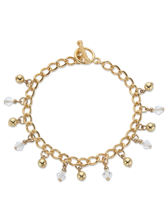Round Crystal Beaded Toggle Charm Bracelet in Goldtone 7.5"