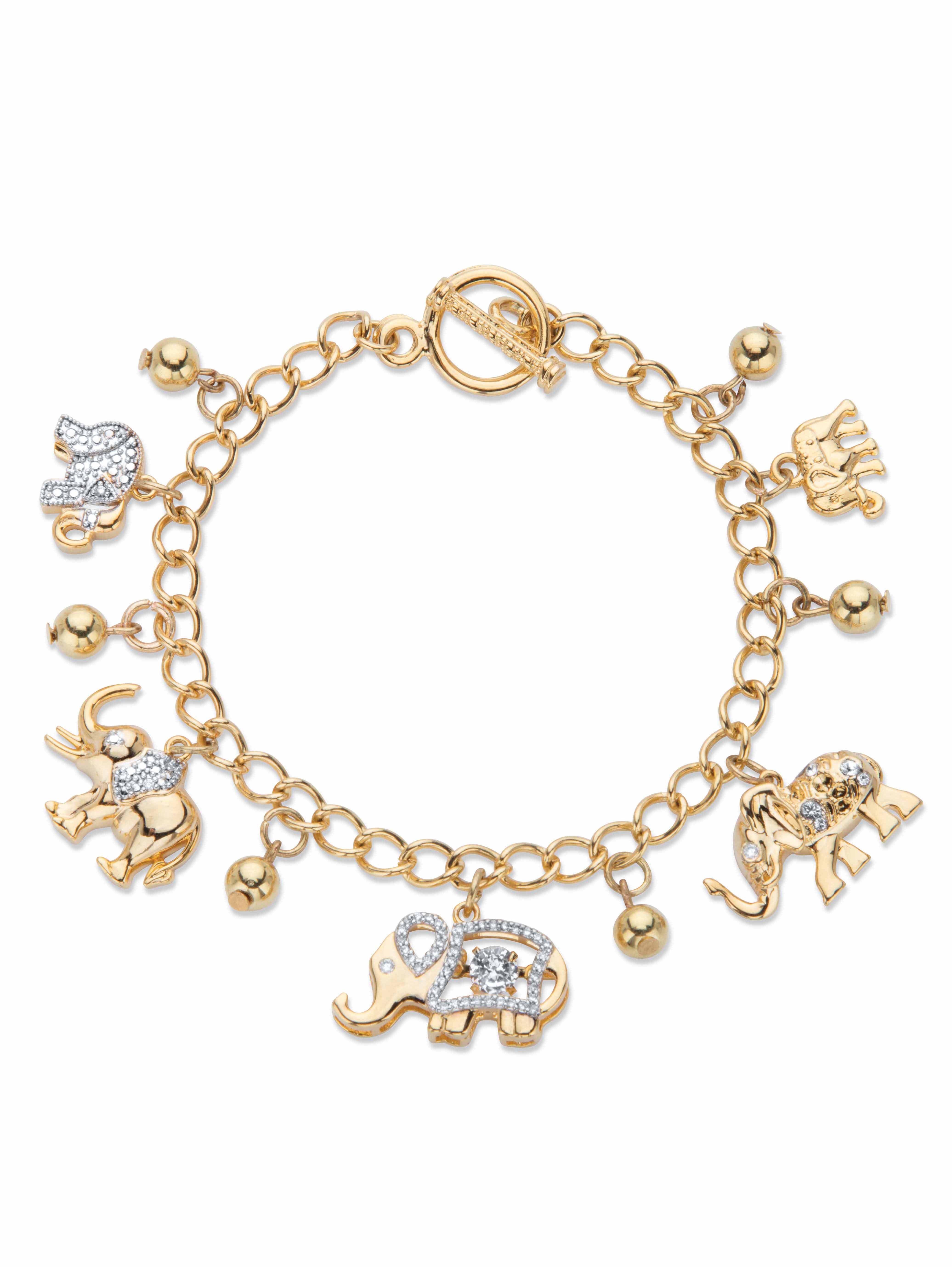 PalmBeach Jewelry Round Crystal Elephant Charm Beaded Toggle Bracelet in Goldtone 7.5"