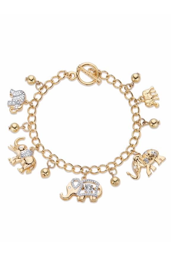 Round Crystal Elephant Charm Beaded Toggle Bracelet in Goldtone 7.5"