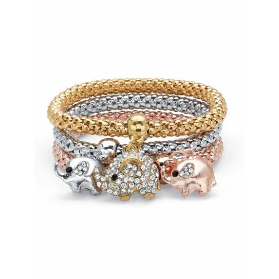 PalmBeach Jewelry Round Crystal Elephant Charm Tri-Tone 3-Piece Stretch Bracelet Set in Rose Tone Goldtone and Silvertone 8"