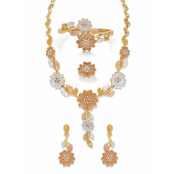 PalmBeach Jewelry Round Crystal Tri-Tone 3-Piece Floral Necklace Set with BONUS FREE Ring in Goldtone, SIlvertone and Rosetone 17"