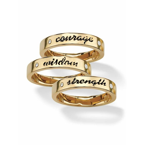 PalmBeach Jewelry Round Crystal Yellow Gold-Plated Set of Three Inspirational Stack Rings