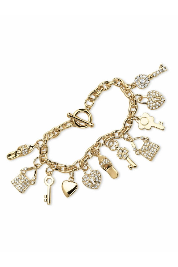 Round Crystal Yellow Gold-Plated Shoe, Purse, Heart Lock and Key Charm Bracelet 7 1/2"