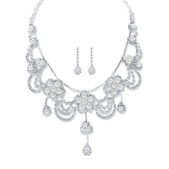 PalmBeach Jewelry Round Crystal and Simulated Pearl Floral Scalloped Bib Necklace and Drop Earrings in Silvertone 14"-18"