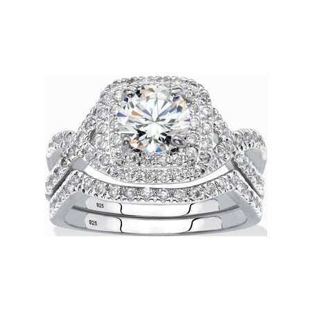 PalmBeach Jewelry Round Cubic Zirconia 2-Piece Crossover Halo Bridal Ring Set 2.20 TCW in Yellow Gold-Plated or Platinum-Plated Sterling Silver