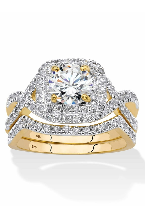 Round Cubic Zirconia 2-Piece Crossover Halo Bridal Ring Set 2.20 TCW in Yellow Gold-Plated or Platinum-Plated Sterling Silver