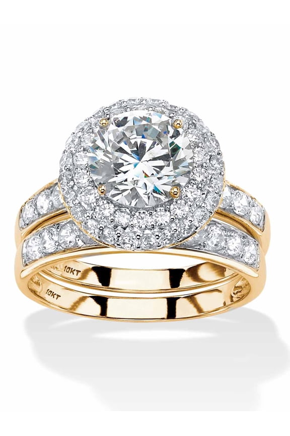Round Cubic Zirconia 2-Piece Halo Bridal Ring Set 3.16 TCW in Solid 10k Yellow or White Gold