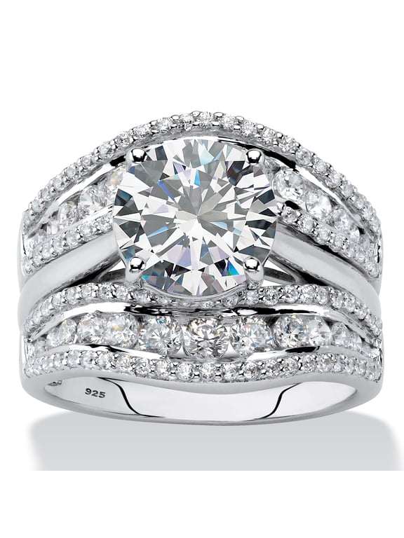 4.26 Cttw. Platinum-plated Silver Cubic Zirconia 2-Piece Jacket Wedding Ring Set