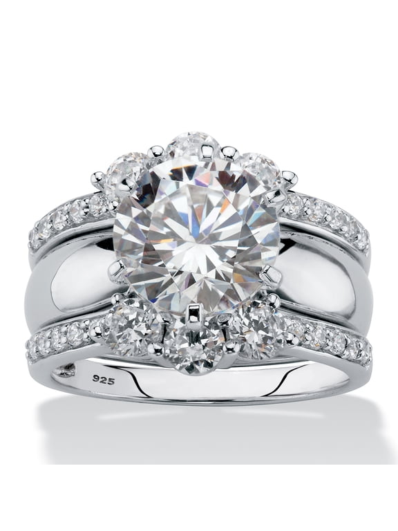 4.66 Cttw. Platinum-plated Silver Cubic Zirconia 2-Piece Jacket Wedding Ring Set