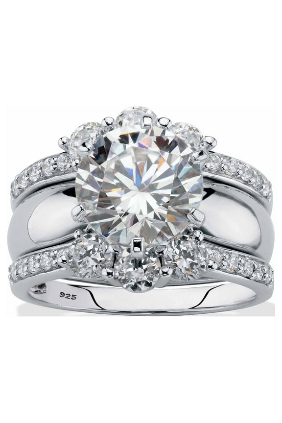 Round Cubic Zirconia 2-Piece Multi-Row Jacket Wedding Ring Set 4.66 TCW in Platinum-Plated or 18k Gold-Plated Sterling Silver