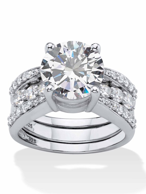 Round Cubic Zirconia 2-Piece Multi-Row Jacket Wedding Ring set in 4.80 TCW in Yellow Gold-Plated or Platinum-Plated Sterling Silver