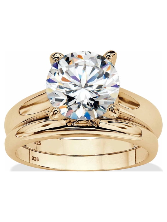 Round Cubic Zirconia 2-Piece Solitaire Wedding Ring Set 3 TCW in Gold-Plated or Platinum-Plated Sterling Silver