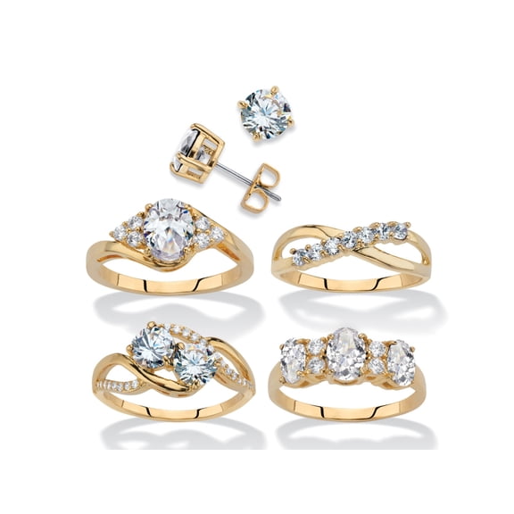 PalmBeach Jewelry Round Cubic Zirconia 5-Piece Stud Earring and Ring Set 18.23 TCW Gold-Plated