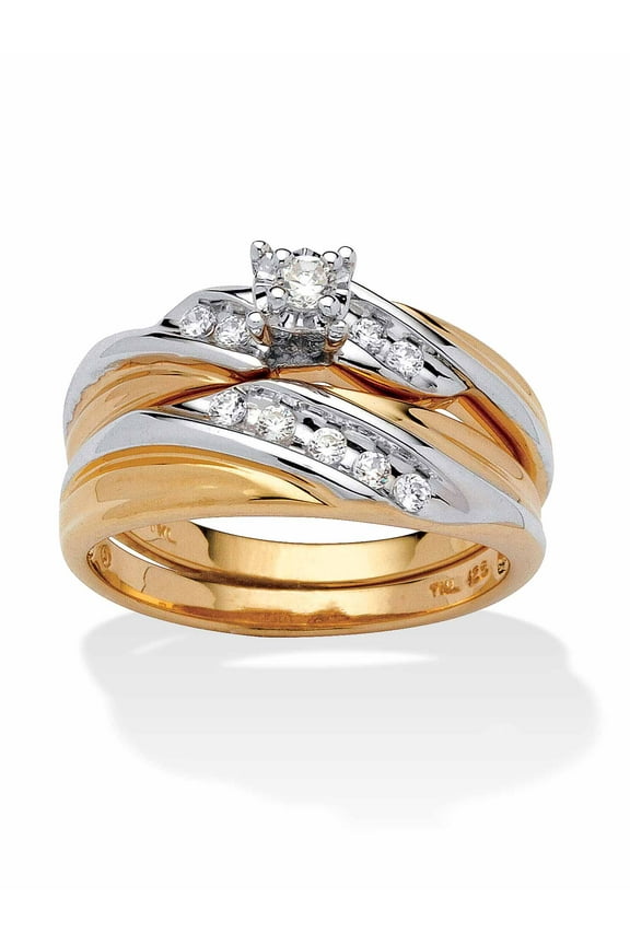 Round Cubic Zirconia Diagonal 2-Piece Wedding Ring Set .24 TCW in Yellow Gold-Plated or Platinum-Plated Sterling Silver