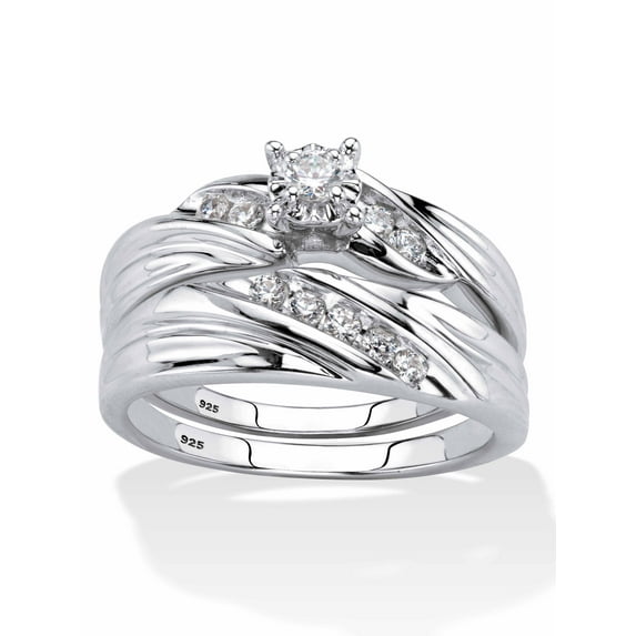 PalmBeach Jewelry Round Cubic Zirconia Diagonal 2-Piece Wedding Ring Set .24 TCW in Yellow Gold-Plated or Platinum-Plated Sterling Silver