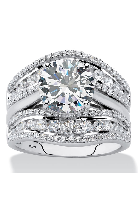 4.26 Cttw. Platinum-plated Silver Cubic Zirconia 2-Piece Jacket Wedding Ring Set