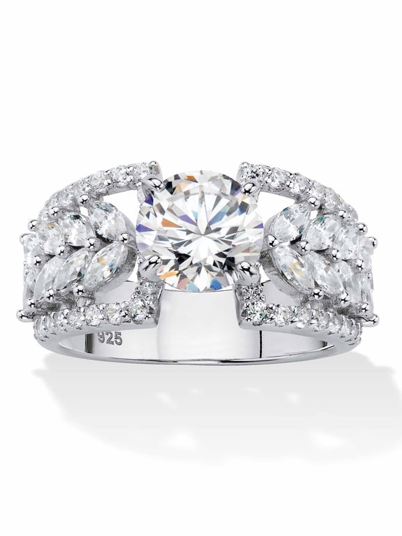 Round Cubic Zirconia Multi-Row Leaf Ring 4.12 TCW in Platinum-plated Sterling Silver