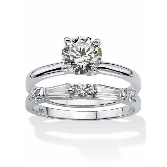 PalmBeach Jewelry Round Cubic Zirconia Solitaire and Baguette 2-Piece Wedding Ring Set 2.06 TCW in Sterling Silver