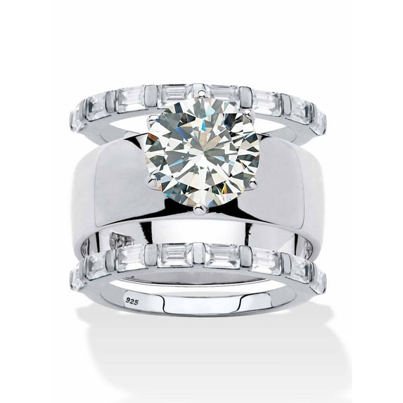 PalmBeach Jewelry Round Cubic Zirconia Solitaire and Baguette 3-Piece Wedding Ring Set 5.60 TCW in Sterling Silver