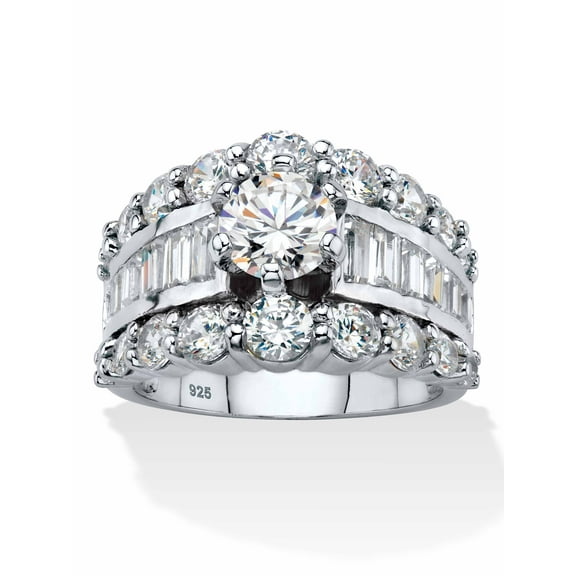 PalmBeach Jewelry Round Cubic Zirconia Triple Row Engagement Ring 6.40 TCW with Baguette Accents in Sterling Silver
