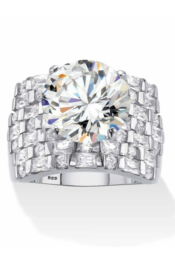 Round Cubic Zirconia Wide Multi-Row Ring 8.99 TCW in 18K Yellow Gold or Platinum Plated Sterling Silver