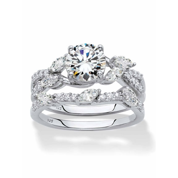 PalmBeach Jewelry Round Cubic Zirconia and Marquise Sapphire Ermerald or Cubic Zirconia 2-Piece Vine Wedding Ring in Platinum-Plated Silver