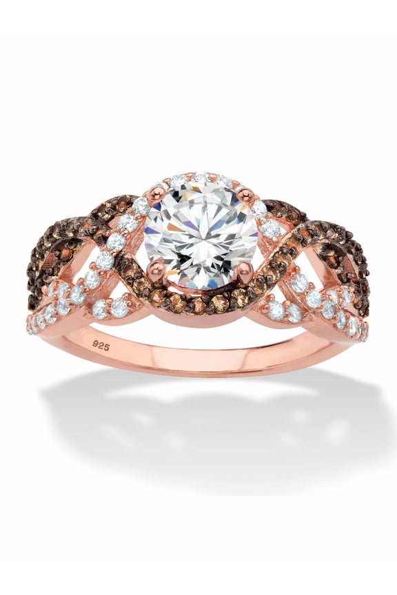 Round Cubic Zirconia and Simulated Smoky Topaz Crossover Halo Ring 2.64 TCW in Rose Gold and Black Ruthenium Plated Sterling Silver