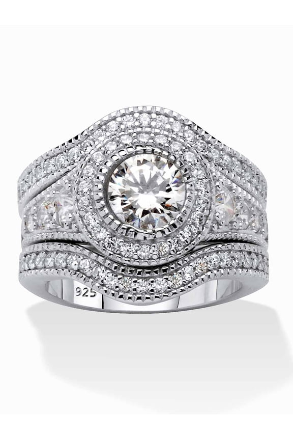 Round Cubic Zirconia or Created Blue Sapphire Platinum-Plated Sterling Silver 3-Piece Vintage-Inspired Bridal Set