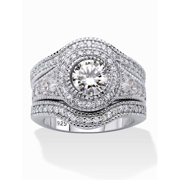 PalmBeach Jewelry Round Cubic Zirconia or Created Blue Sapphire Platinum-Plated Sterling Silver 3-Piece Vintage-Inspired Bridal Set