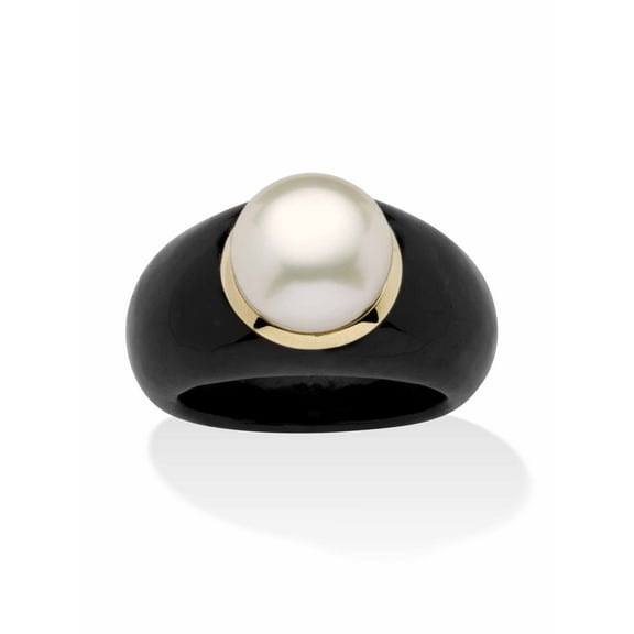 PalmBeach Jewelry Round Cultured Freshwater Pearl set in Genuine Black or Green Jade Ring 10k Yellow Gold