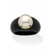 PalmBeach Jewelry Round Cultured Freshwater Pearl set in Genuine Black or Green Jade Ring 10k Yellow Gold