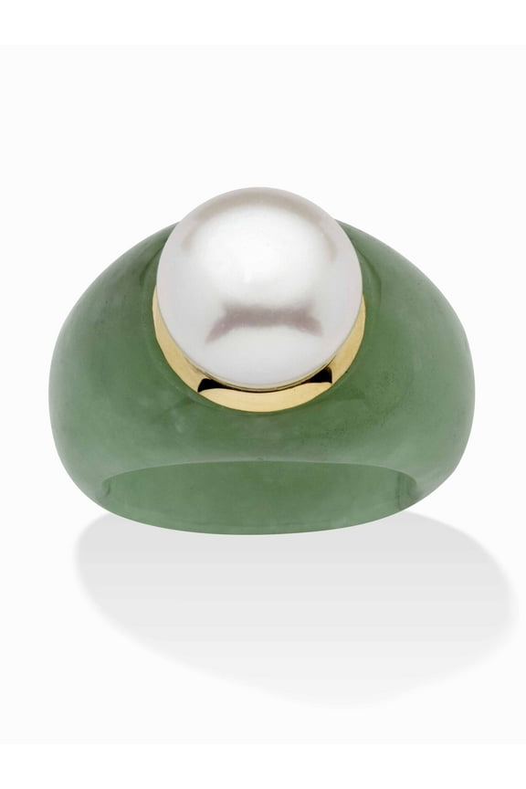 Round Cultured Freshwater Pearl set in Genuine Black or Green Jade Ring 10k Yellow Gold
