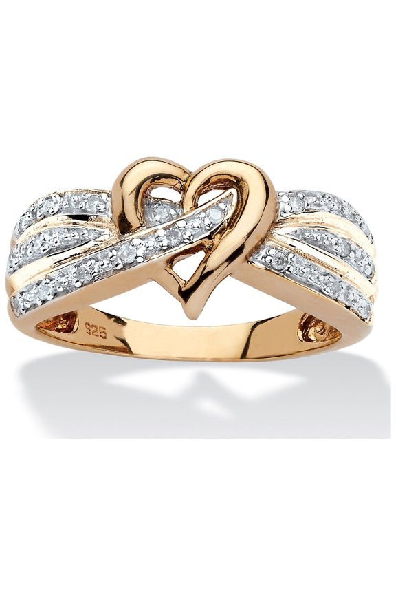 Round Diamond Crossover Heart Promise Ring 1/10 TCW in Platinum-Plated or 18K Gold-Plated Sterling Silver