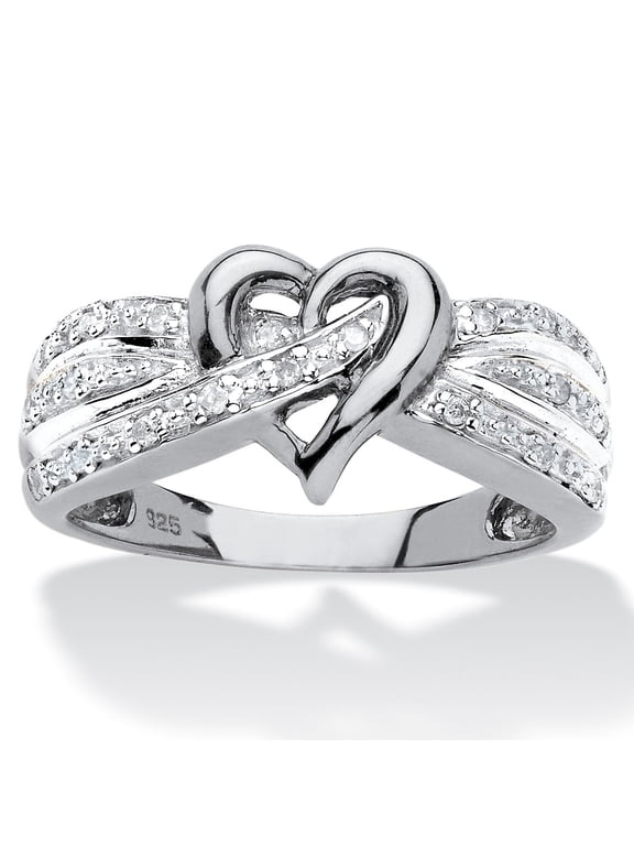 Round Diamond Crossover Heart Promise Ring 1/10 TCW in Platinum-Plated or 18K Gold-Plated Sterling Silver
