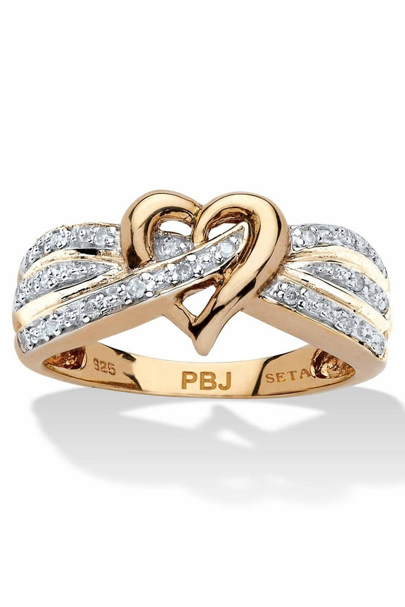 Round Diamond Crossover Heart Promise Ring 1/10 TCW in Platinum-Plated or 18K Gold-Plated Sterling Silver