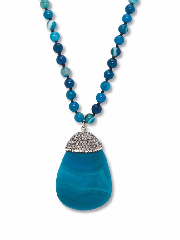 Round Genuine Blue Agate Silvertone Crystal Accented Drop Pendant Necklace 34 Inch