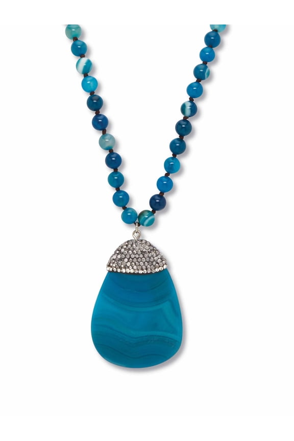Round Genuine Blue Agate Silvertone Crystal Accented Drop Pendant Necklace 34 Inch