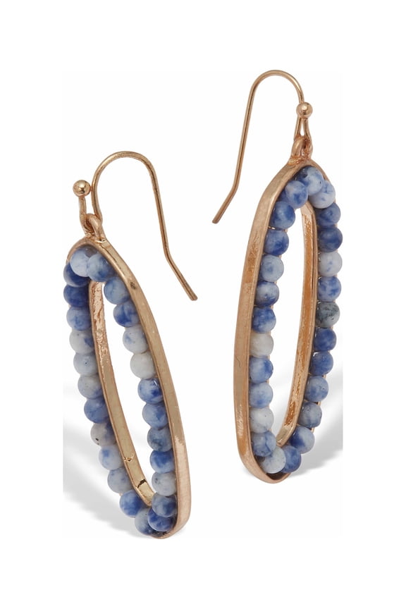 Round Genuine Blue Jasper Drop Goldtone Earrings, 51x22.5mm