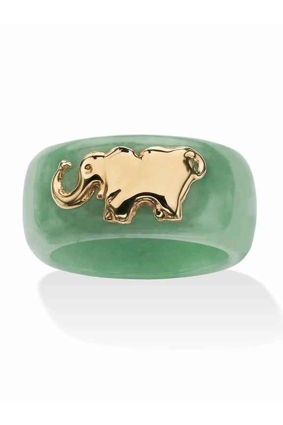 Round Genuine Green Red or Black Jade Elephant Ring Band 10k Yellow Gold