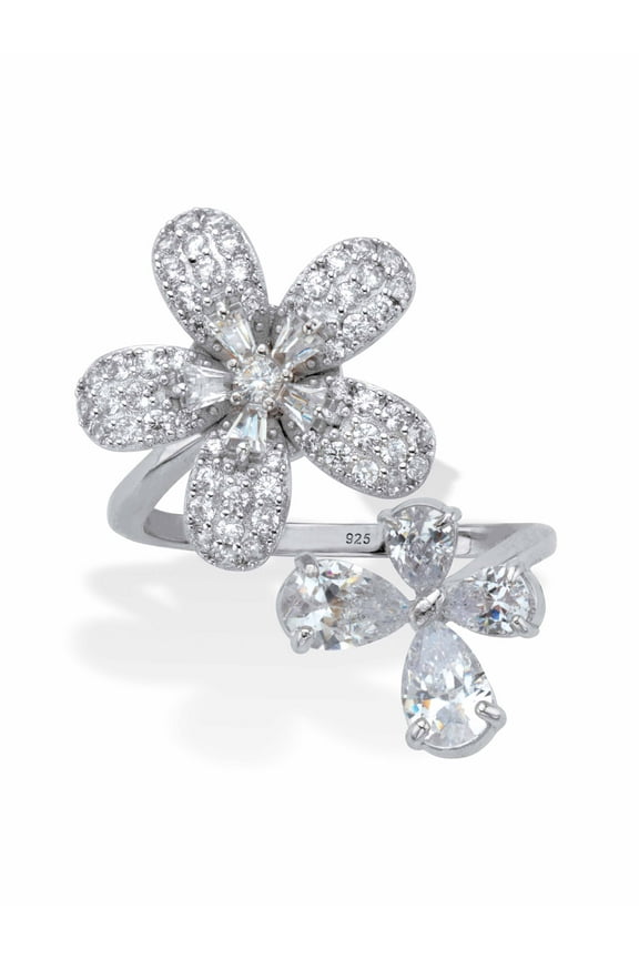 Round & Pear Cut Cubic Zirconia Spinning Daisy Flower Ring 1.67 TCW Platinum Plated Sterling Silver