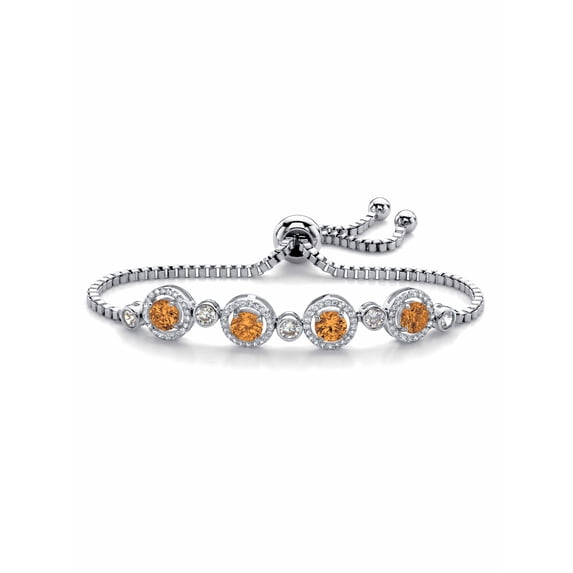PalmBeach Jewelry Round Simulated Birthstone and Cubic Zirconia Adjustable Halo Slider Bracelet .92 TCW Platinum-Plated 9"