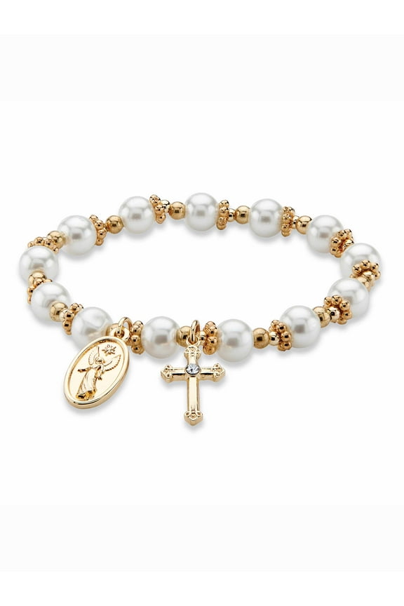 Round Simulated Pearl and Beaded Religious Stretch Bracelet in Goldtone 7"