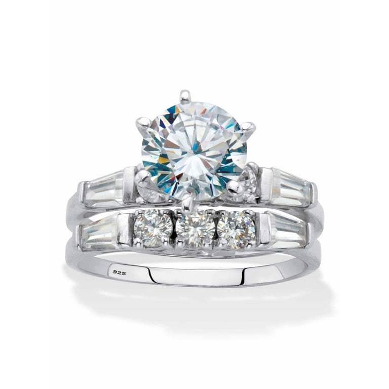 Sterling Silver CZ Round and Baguette Two Piece Wedding Set Rings Sterling Silver CZ Round and Baguette Two Piece Wedding Set Rings