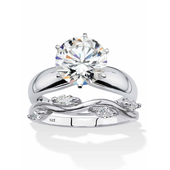 PalmBeach Jewelry Round and Marquise Cubic Zirconia 2-Piece Soltaire and Twisted Vine Bridal Ring Set 3.90 TCW in Sterling Silver