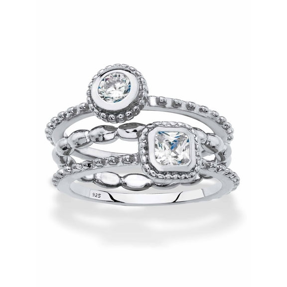 PalmBeach Jewelry Round and Square Cubic Zirconia 3-Piece Stackable Ring Set .62 TCW in Yellow Gold-Plated or Sterling Silver