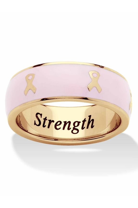 "Serenity, Courage and Strength" Breast Cancer Awareness Inscribed Eternity Band Pink Enamel Gold Ion-Plated or Stainless Steel