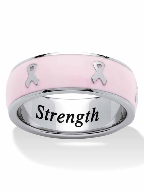 "Serenity, Courage and Strength" Breast Cancer Awareness Inscribed Eternity Band Pink Enamel Gold Ion-Plated or Stainless Steel